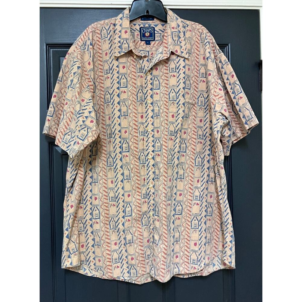 CHAPS Ralph Lauren XL Beige Blue Tribal‎ Pattern Short Sleeve Button Up Collar